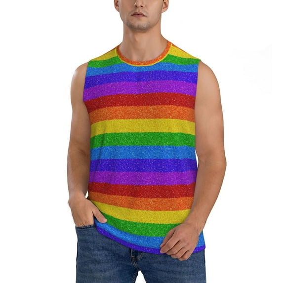 Disketp Colorful Glitter Rainbow Sleeveless Tshirts For Men, Muscle Shirts For Men Dry Fit Tank Top-Medium