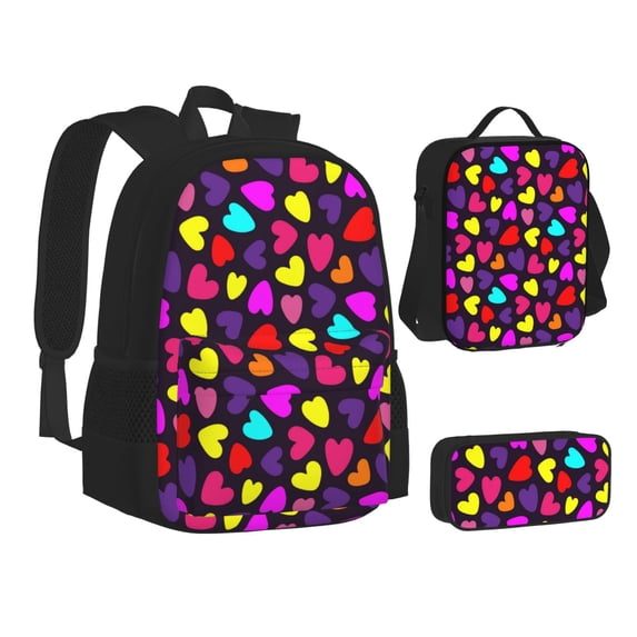 Disketp Colorful Hearts Large Capacity Backpack Lunch Bag Pencil Case Combination 3 Piece Set for Student
