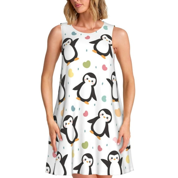 Disketp Colorful Hearts Penguin for Women's Sleeveless Dress Womens Summer Dresses Beach Casual Loose Dress