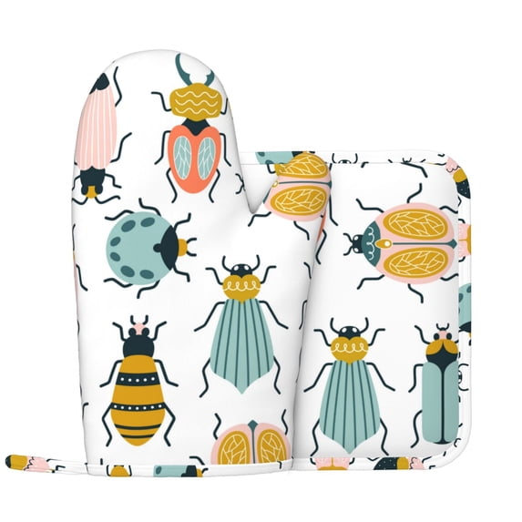 Disketp Colorful Insects Oven Mitts And Potholders Bbq Gloves-Oven Mitts And Pot Holders With Recycled Infill Silicone Non-Slip Cooking Gloves For Cooking Baking Grilling