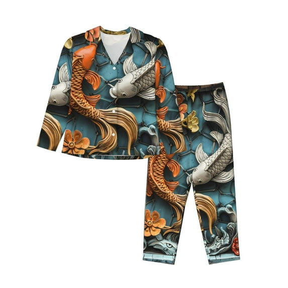 Disketp Colorful Koi Fish Art Pajamas Set Long Sleeve Sleepwear Womens Button Down Nightwear Pj Sets-{designName}-XX-Large