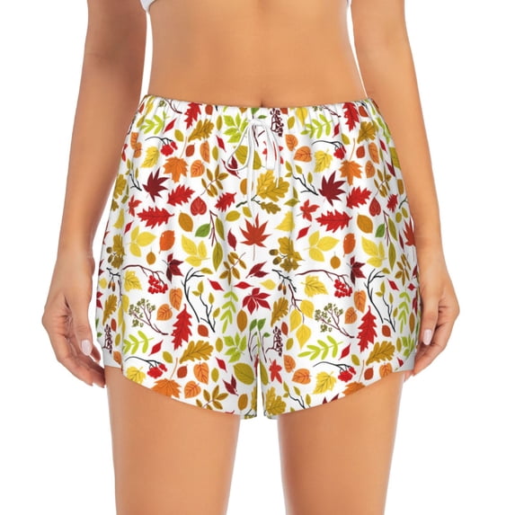 Disketp Colorful Leaves Print Women's Shorts Workout Shorts for Athletic Gym Running Shorts with Phone Pockets X-Large