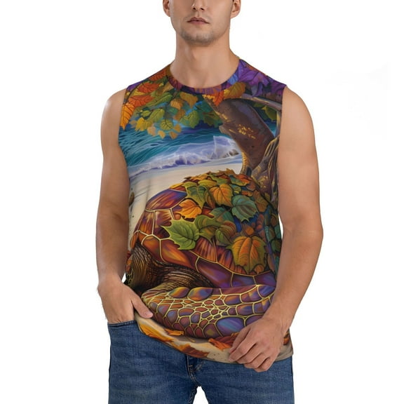 Disketp Colorful Maple Leaf Beach Turtle Sleeveless Tshirts for Men, Muscle Shirts for Men Dry Fit Tank Top-Small