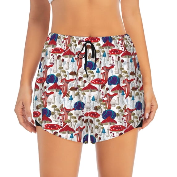Disketp Colorful Mushrooms (2) Print Women's Shorts Workout Shorts for Athletic Gym Running Shorts with Phone Pockets Large