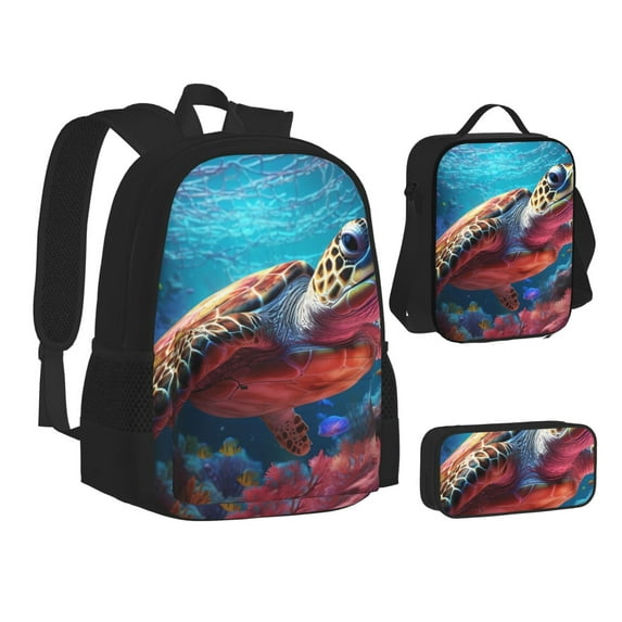 Disketp Colorful Ocean Sea Turtle Large Capacity Backpack Lunch Bag Pencil Case Combination 3 Piece Set for Student