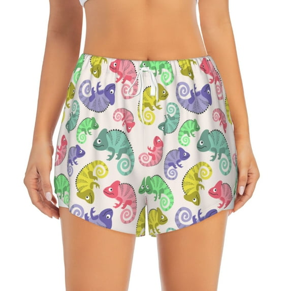 Disketp Cute Chameleons Print Women's Shorts Workout Shorts for Athletic Gym Running Shorts with Phone Pockets X-Large