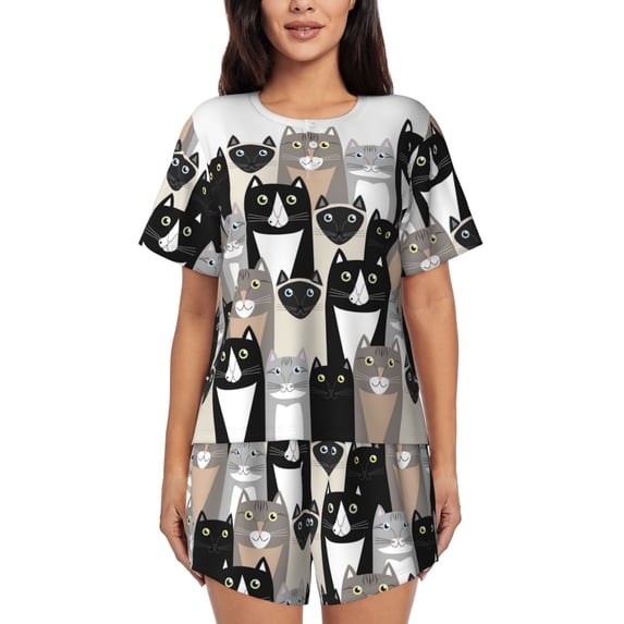 Disketp Colors Cats for 2 Piece Shorts Sleepwear Women's Short-Sleeved Pajama Set Round Neck Pjs-Medium