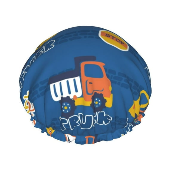 Disketp Construction Vehicles Shower Caps,Reusable Shower Cap For Women, Double Layer Waterproof Hair Cap, Large Size For All Hair Lengths,For Girls Spa Home Salon Use