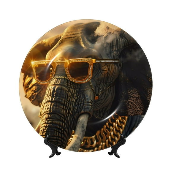 Disketp Cool Sunglasses Elephant Art Ceramic Plate Dinner Plates Bone China Decorative Plates Art Ceramic Ornaments for Wall Hanging Decoration -6in