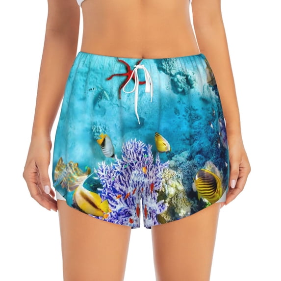 Disketp Corals and Tropical Fish Print Women's Shorts Workout Shorts for Athletic Gym Running Shorts with Phone Pockets Medium