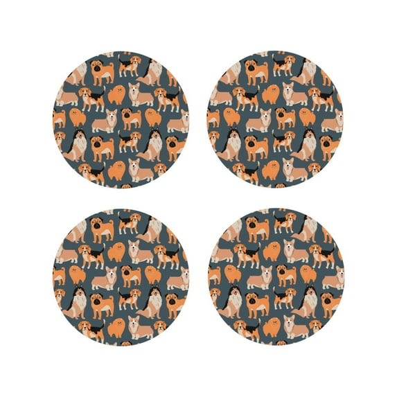 Disketp Corgi Collie Pug Funny Coasters,4 Pcs Leather Coasters with Holder, Perfect Housewarming Hostess Gifts,Protect Furniture from Water Marks Scratch and Damage-Round Shape