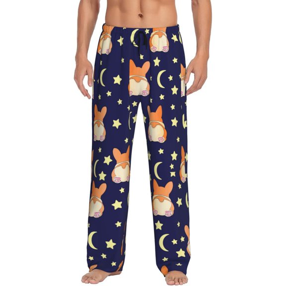 Disketp Corgi Lying With Moons And Stars Men'S Pajama Pants - Ultra Soft Fleece Sleep And Lounge Pants (Size: S-Xxl)