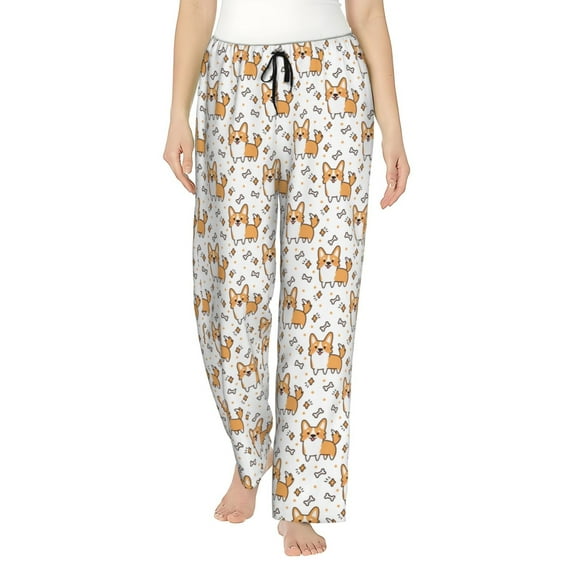 Disketp Corgi with Hearts Print Women's Comfy Pajama Pants Casual Drawstring Palazzo Lounge Wide Leg Pants