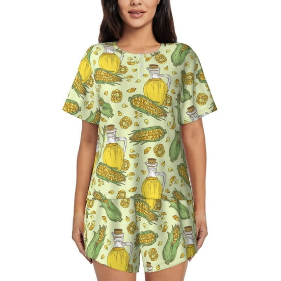Disketp Corn And Corn Oil for 2 Piece Shorts Sleepwear Women's Short-Sleeved Pajama Set Round Neck Pjs-Medium