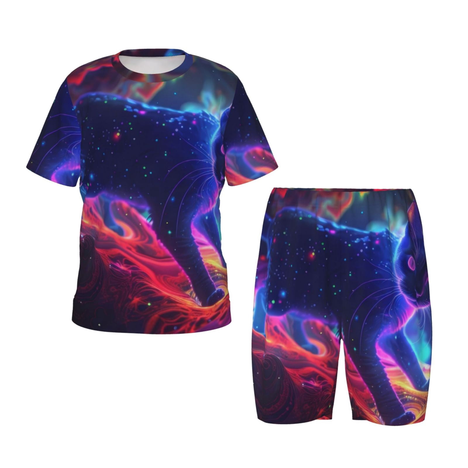 Disketp Cosmic Cat Psychedelic Journey Kids Short Sleeve Pajamas Kids ...