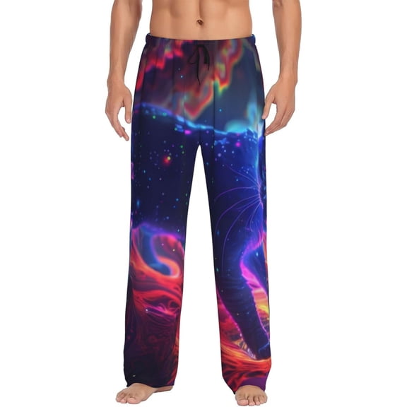 Disketp Cosmic Cat Psychedelic Journey Men's Pajama Pants - Ultra Soft Fleece Sleep and Lounge Pants (Size: S-XXL)-