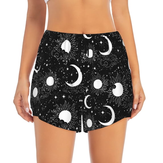 Disketp Crescent and Stars Print Women's Shorts Workout Shorts for Athletic Gym Running Shorts with Phone Pockets XX-Large