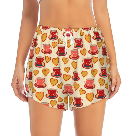 Disketp Cups of Tea Print Women's Shorts Workout Shorts for Athletic Gym Running Shorts with Phone Pockets Medium