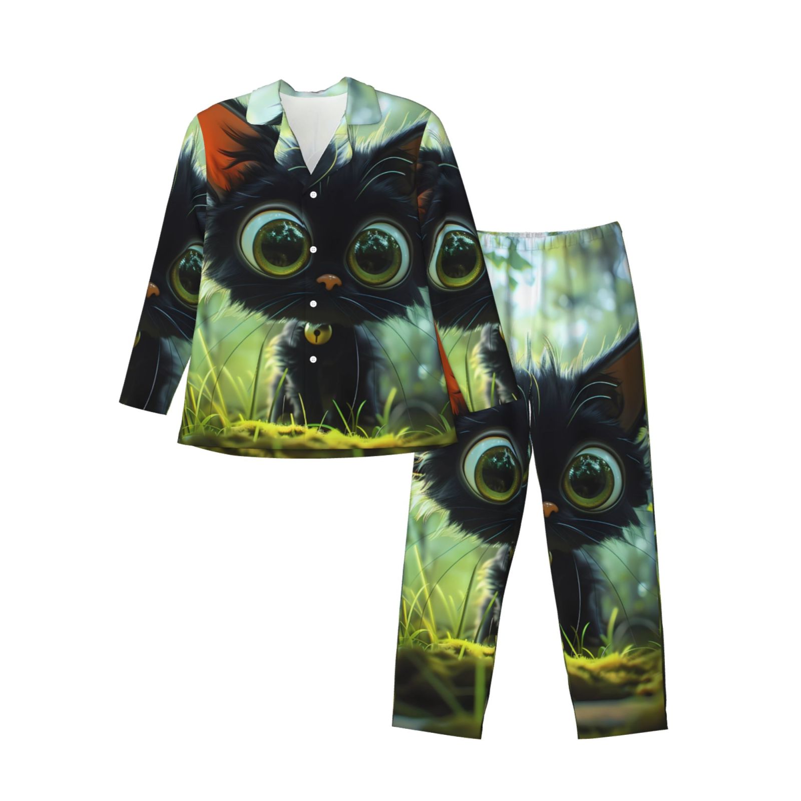 Disketp Cute Big-Eyed Black Cat for Pajamas Set Long Sleeve Sleepwear ...