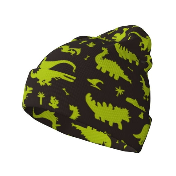 Disketp Cute Cartoon Dinosaurs Green Silhouette Pattern Winter Beanie for Men Women Beanie Knit Hat Cuffed Cap Beanie Knit Chunky Snow Cap