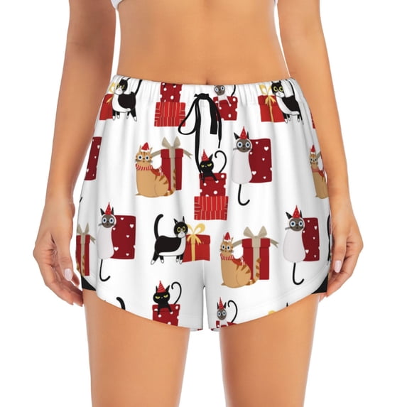 Disketp Cute Cat And Christmas Gift Print Women's Shorts Workout Shorts for Athletic Gym Running Shorts with Phone Pockets Small