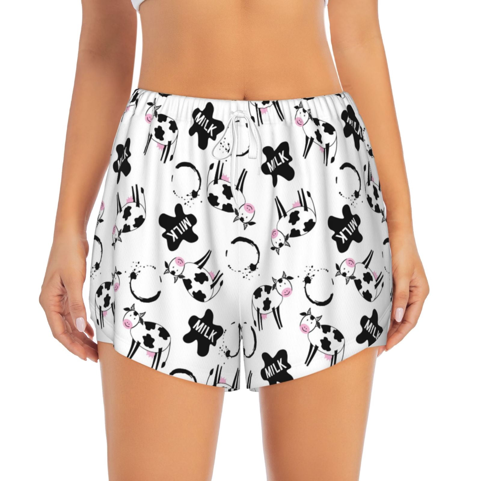 Disketp Cute Cow and Milk Stains Print Women's Shorts Workout