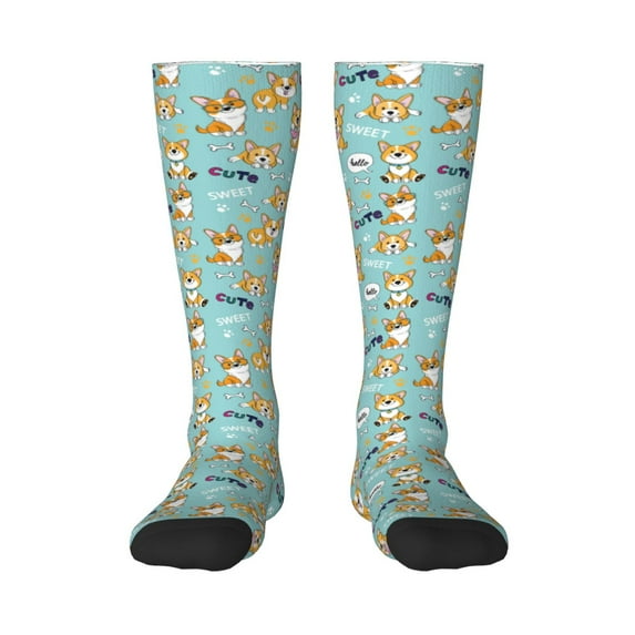 Disketp Cute Dogs Corgi Print Unisex Contrast Color Stockings Lightweight Breathable Ventilation Ankle Contrast Color Stockings, Contrast Color Stockings for Daily