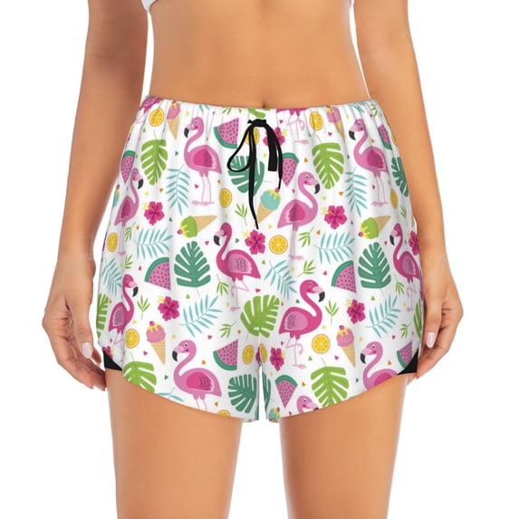 Disketp Cute Flamingo Print Women's Shorts Workout Shorts for Athletic Gym Running Shorts with Phone Pockets Large