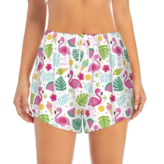 Disketp Cute Flamingo Print Women's Shorts Workout Shorts for Athletic Gym Running Shorts with Phone Pockets X-Large