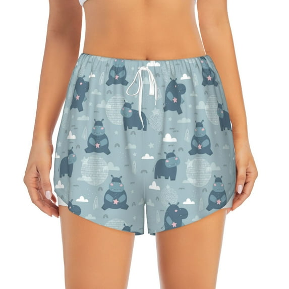 Disketp Cute Hippopotamus Print Women's Shorts Workout Shorts for Athletic Gym Running Shorts with Phone Pockets X-Large