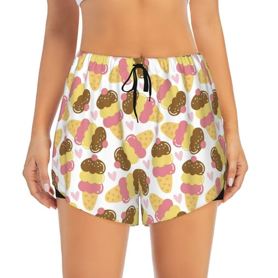 Disketp Cute Ice Cream Print Women's Shorts Workout Shorts for Athletic Gym Running Shorts with Phone Pockets X-Large