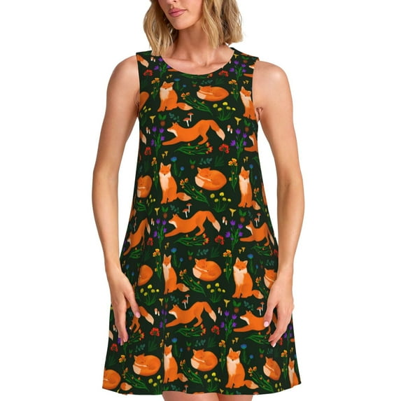 Disketp Cute Little Foxes for Women's Sleeveless Dress Womens Summer Dresses Beach Casual Loose Dress