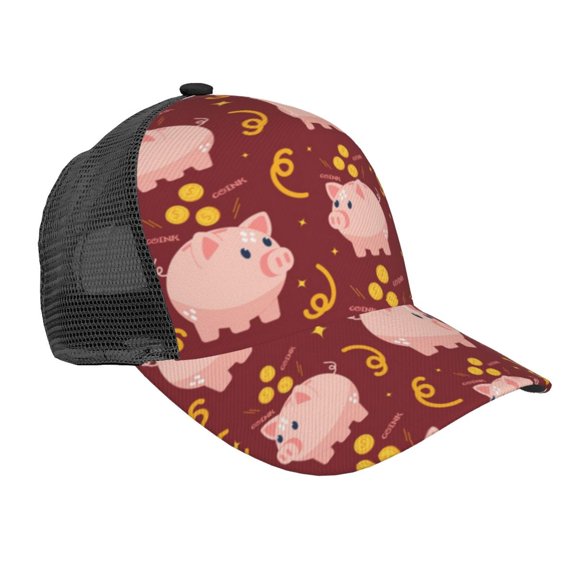 Disketp Cute Pig with Coins Print Trucker Hat Men Women - Mesh Baseball SnapBack Cap