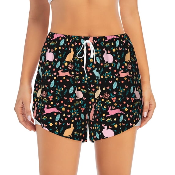 Disketp Cute Rabbit And Flower Print Women's Shorts Workout Shorts for Athletic Gym Running Shorts with Phone Pockets Large