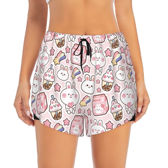 Disketp Cute Rabbit Print Women's Shorts Workout Shorts for Athletic Gym Running Shorts with Phone Pockets
