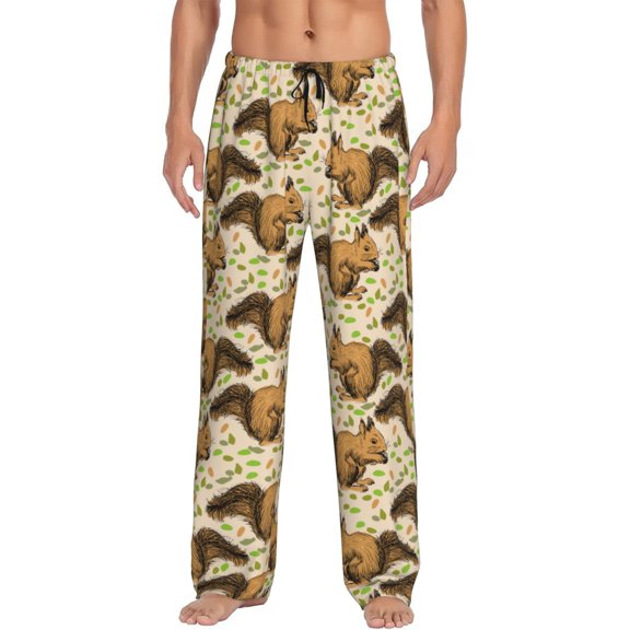 Disketp Cute Squirrel with Green Leaves Men's Pajama Pants - Ultra Soft Fleece Sleep and Lounge Pants (Size: S-XXL)-