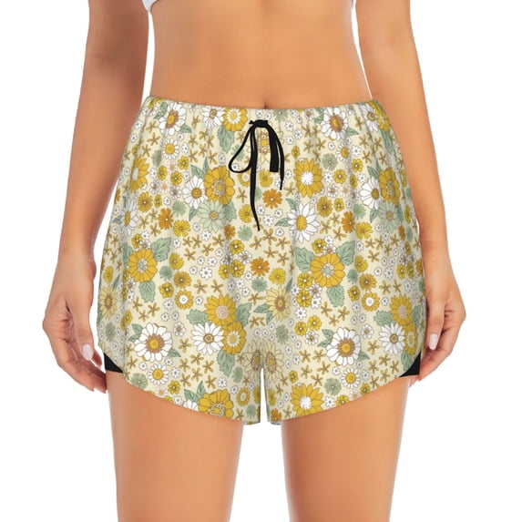 Disketp Cute Sunflower Print Women's Shorts Workout Shorts for Athletic Gym Running Shorts with Phone Pockets Large