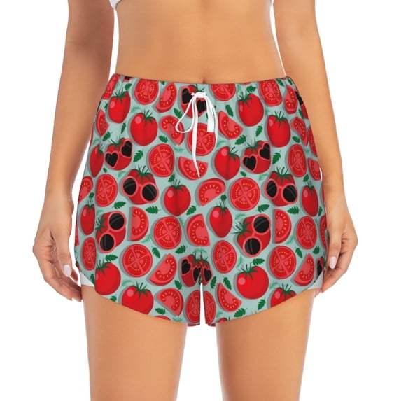 Disketp Cute Tomato Print Women's Shorts Workout Shorts for Athletic Gym Running Shorts with Phone Pockets Large