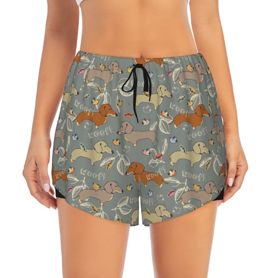 Disketp Dachshund Dog Bird Print Women's Shorts Workout Shorts for Athletic Gym Running Shorts with Phone Pockets