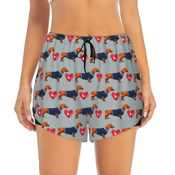 Disketp Dachshund Dog Heart Print Women's Shorts Workout Shorts for Athletic Gym Running Shorts with Phone Pockets Small
