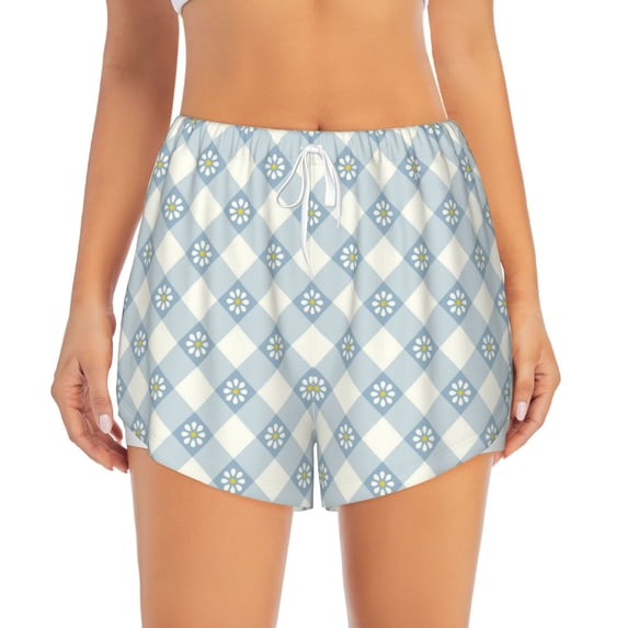 Disketp Daisy Plaid Blue Print Women's Shorts Workout Shorts for Athletic Gym Running Shorts with Phone Pockets X-Large