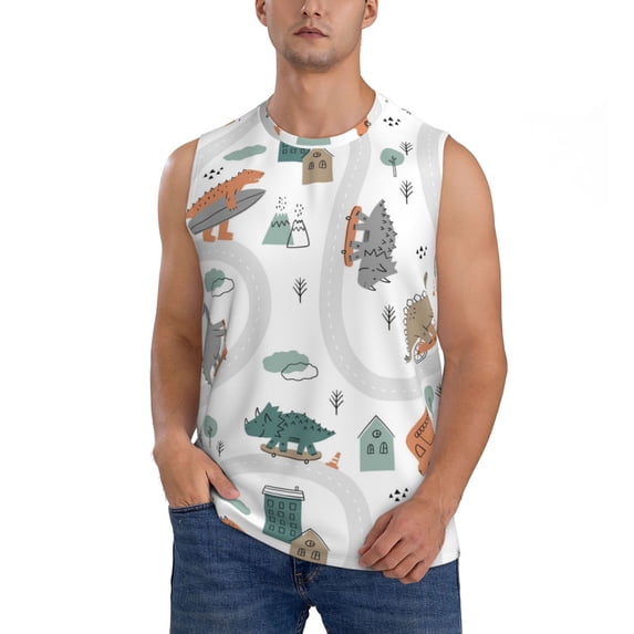 Disketp Dino On A Skateboard Surf Sleeveless Tshirts For Men, Muscle Shirts For Men Dry Fit Tank Top-Large