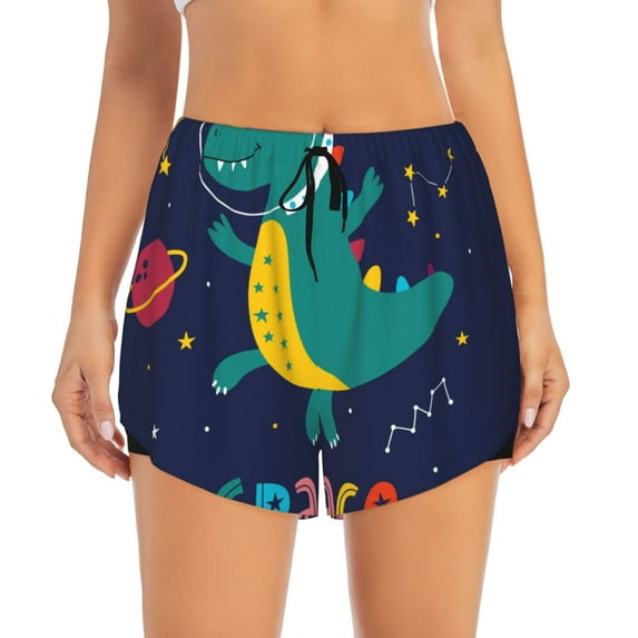 Disketp Dinosau Space Explorer Print Women's Shorts Workout Shorts for Athletic Gym Running Shorts with Phone Pockets Small