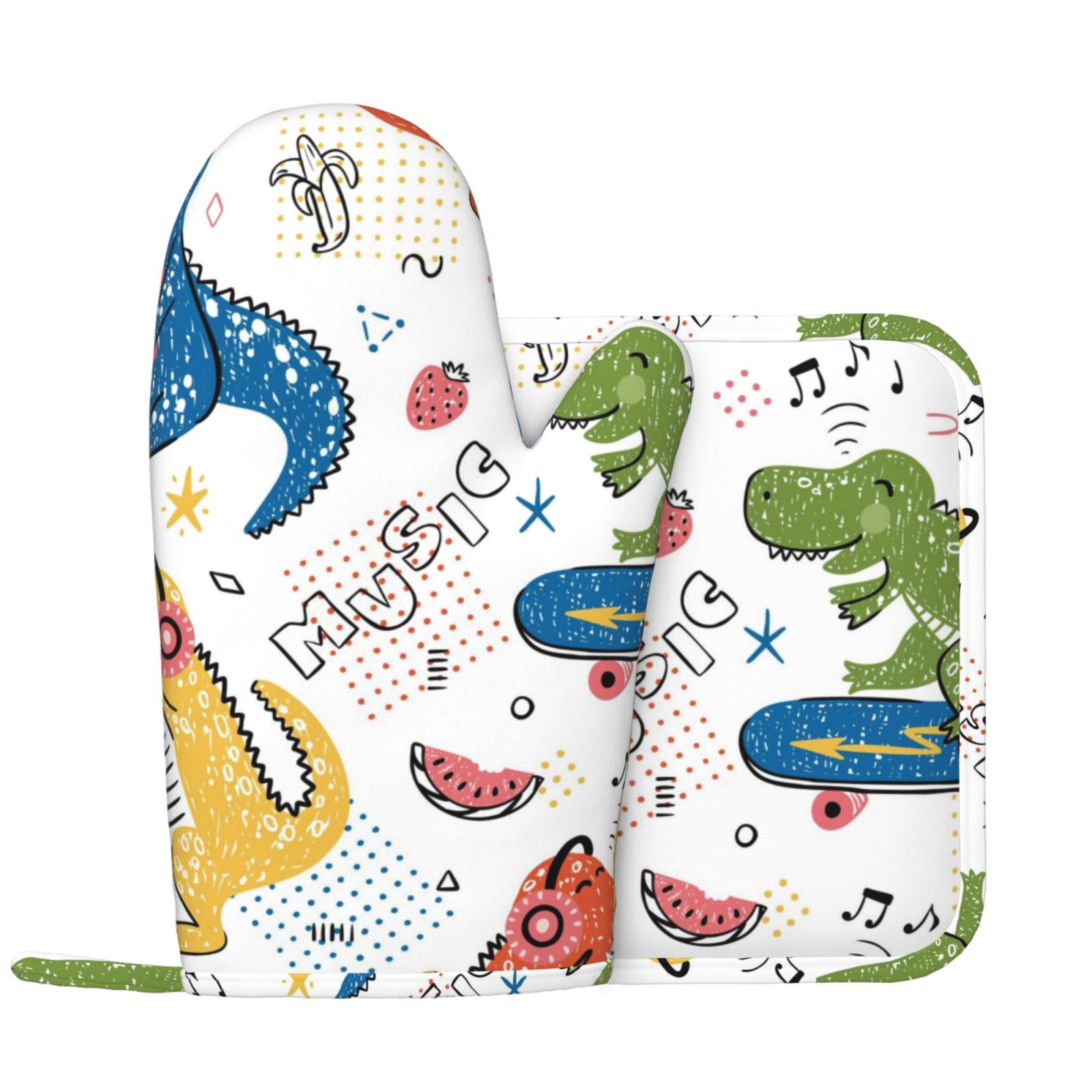 Mount Hour Dinosaur Oven Mitts & Potholders Set – 4-Piece Heat Resistant Kitchen Gloves For Baking, BBQ, Grilling – Black & White Skeleton Design