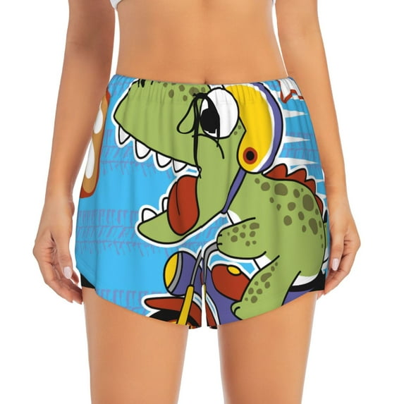 Disketp Dinosaur Riding a Motorcycle Print Women's Shorts Workout Shorts for Athletic Gym Running Shorts with Phone Pockets