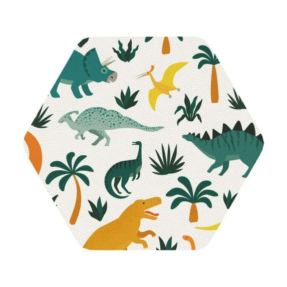 Disketp Dinosaurs And Tropical Leaves Funny Coasters,6 Pcs Leather Coasters With Holder, Perfect Housewarming Hostess Gifts,Protect Furniture From Water Marks Scratch And Damage