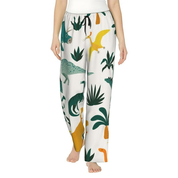 Disketp Dinosaurs And Tropical Leaves Print Women'S Comfy Pajama Pants Casual Drawstring Palazzo Lounge Wide Leg Pants