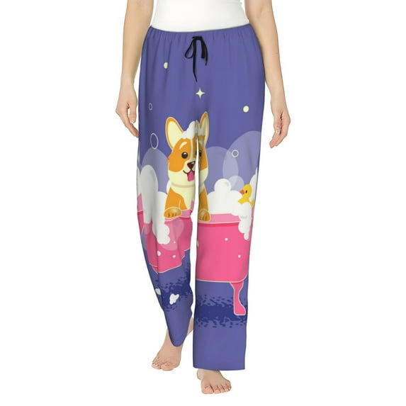 Disketp Dog Washes In A Pink Bath Print Women'S Comfy Pajama Pants Casual Drawstring Palazzo Lounge Wide Leg Pants