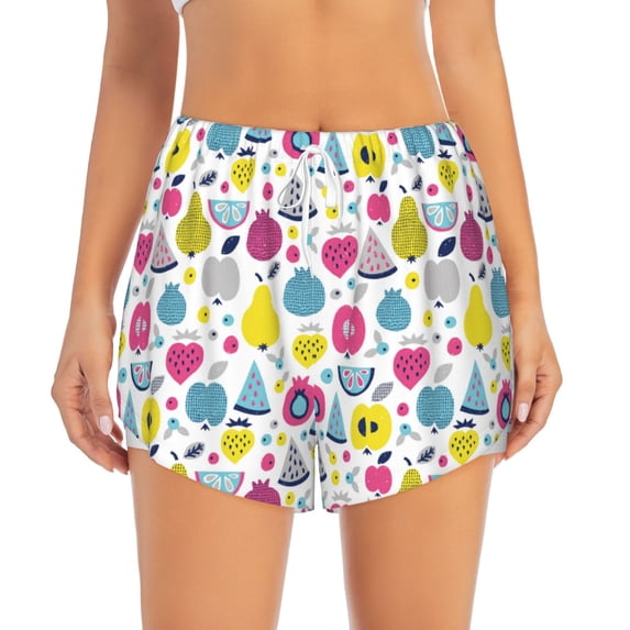 Disketp Doodle Fruits Print Women's Shorts Workout Shorts for Athletic Gym Running Shorts with Phone Pockets Large