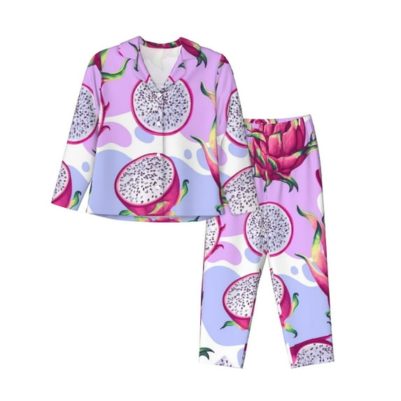 Disketp Dragon Fruit Pajamas Set Long Sleeve Sleepwear Womens Button Down Nightwear Pj Sets-{designName}-X-Large